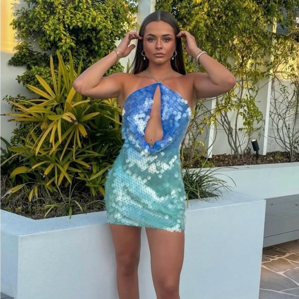Blue Sequin Cut Out Bodycon Mini Dress